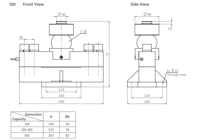 Zemic HM9B Dimensions Front and side views 50t Table Loadcell.ae