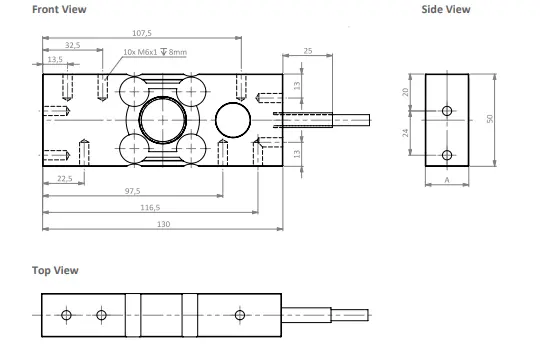 Zemic BM6A Dimensions Front, side and Top View Loadcell.ae